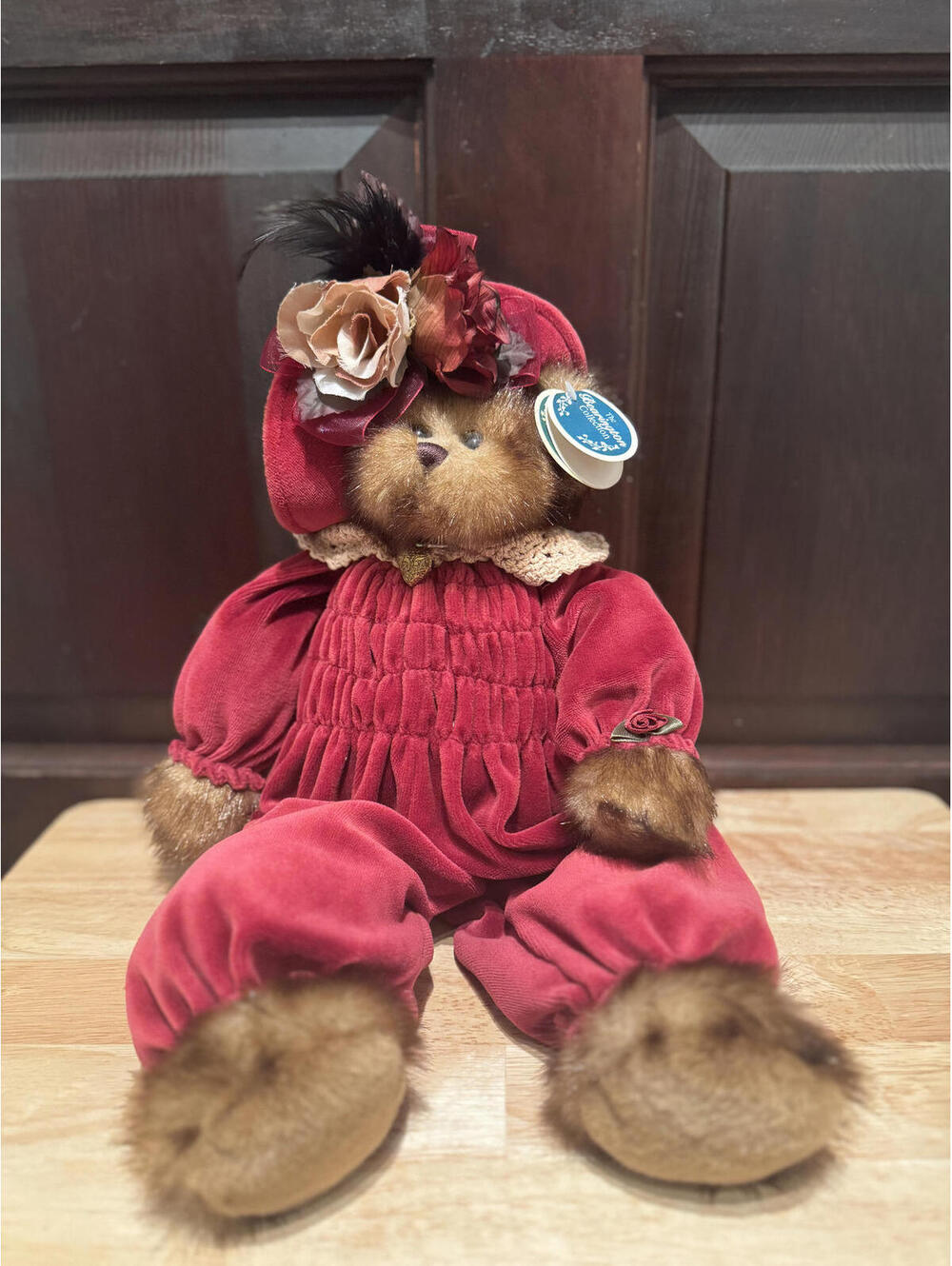 The Bearington Collection Ashliee Plush Bear Doll in Red Velvet Outfit
